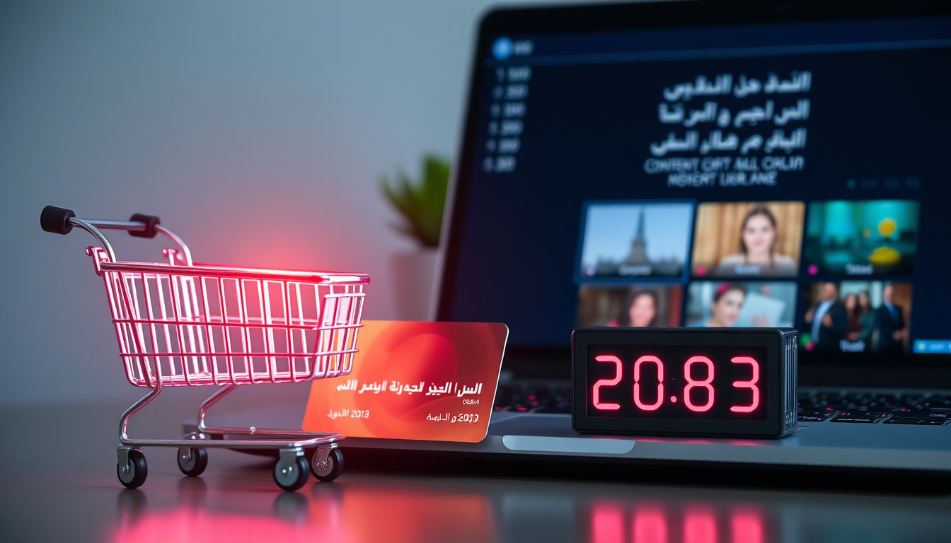 أيقونة سلة تسوق وبطاقة ائتمان وساعة رقمية تعبر عن مدد الاشتراك بجانب حاسوب يعرض مكتبة محتوى عربية