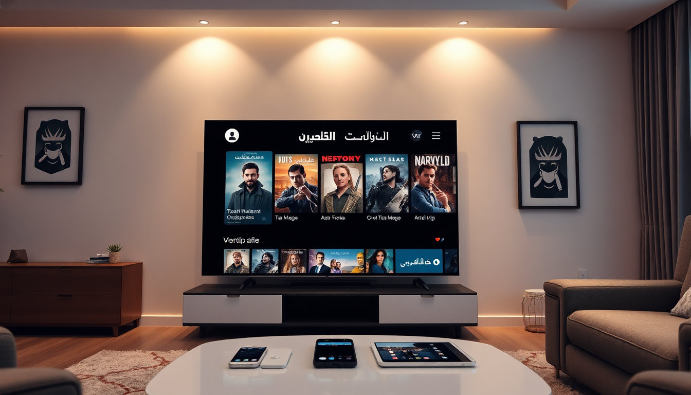 غرفة معيشة حديثة مع تلفاز ذكي يعرض واجهة منصة بث عربية متميزة، مع هاتف ذكي وجهاز لوحي على الطاولة
