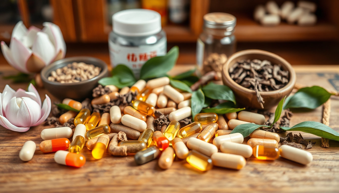 مجموعة متنوعة من الحبوب الصينية الأصلية والتقليد مع مكونات عشبية طبيعية على خلفية خشبية
