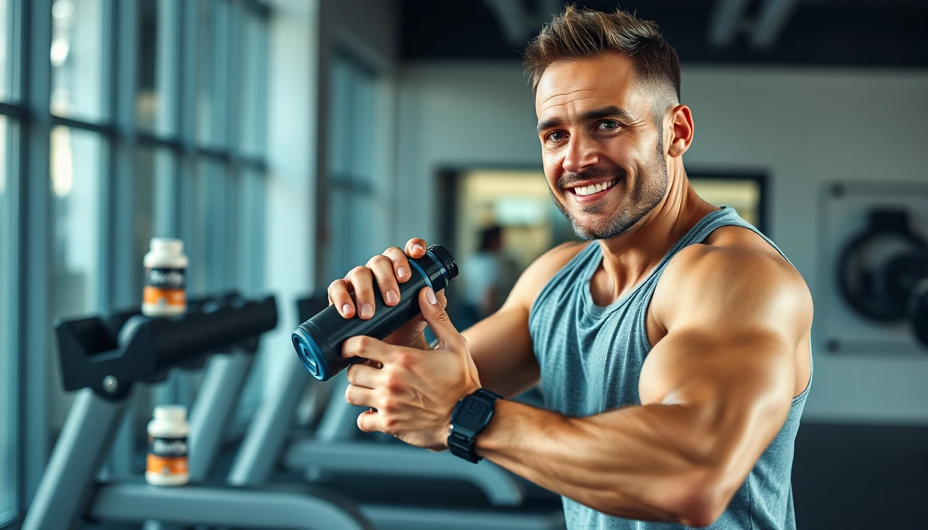 رجل يمارس التمارين الرياضية في صالة حديثة مع زجاجة مكمل غذائي قريبة، ليوضح تحسن الأداء البدني والطاقة