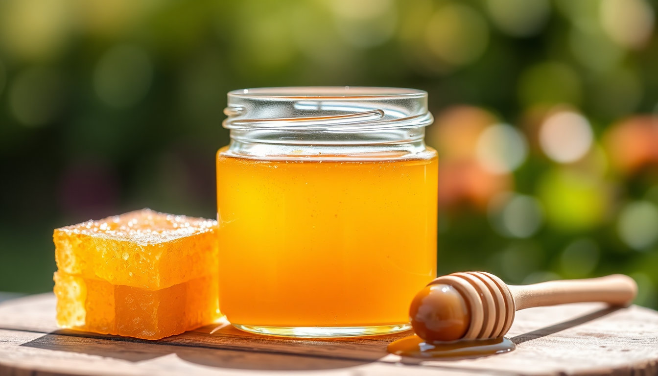 العسل الحيوي غذاء الملكات في وعاء زجاجي مع شمع العسل الطبيعي