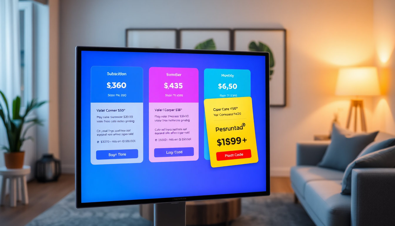 شاشة رقمية تعرض ثلاث بطاقات لباقات فاصل بلس الشهرية والربع سنوية والسنوية مع تمييز الباقة الشهرية وكود الخصم
