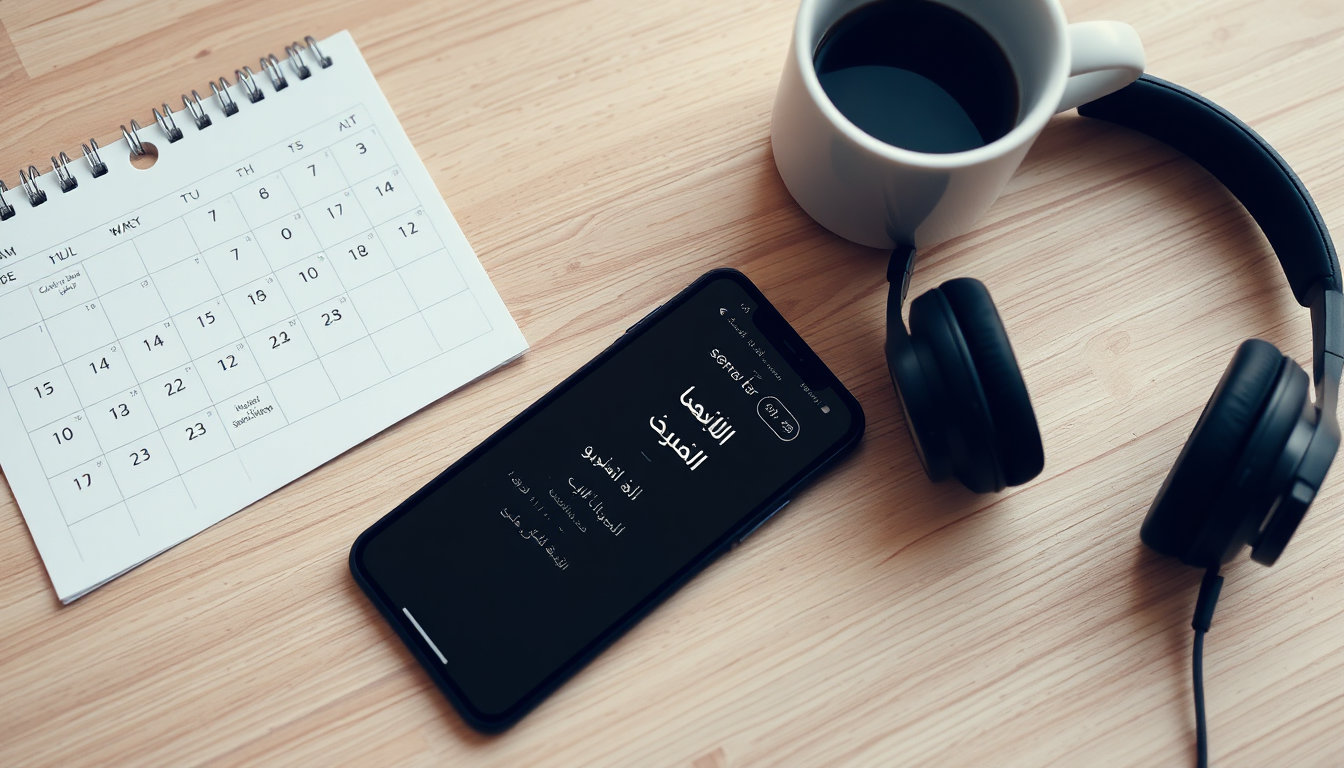 هاتف يعرض واجهة تطبيق فاصل بلس بجانب تقويم لثلاثة أشهر وأدوات مشاهدة على مكتب خشبي