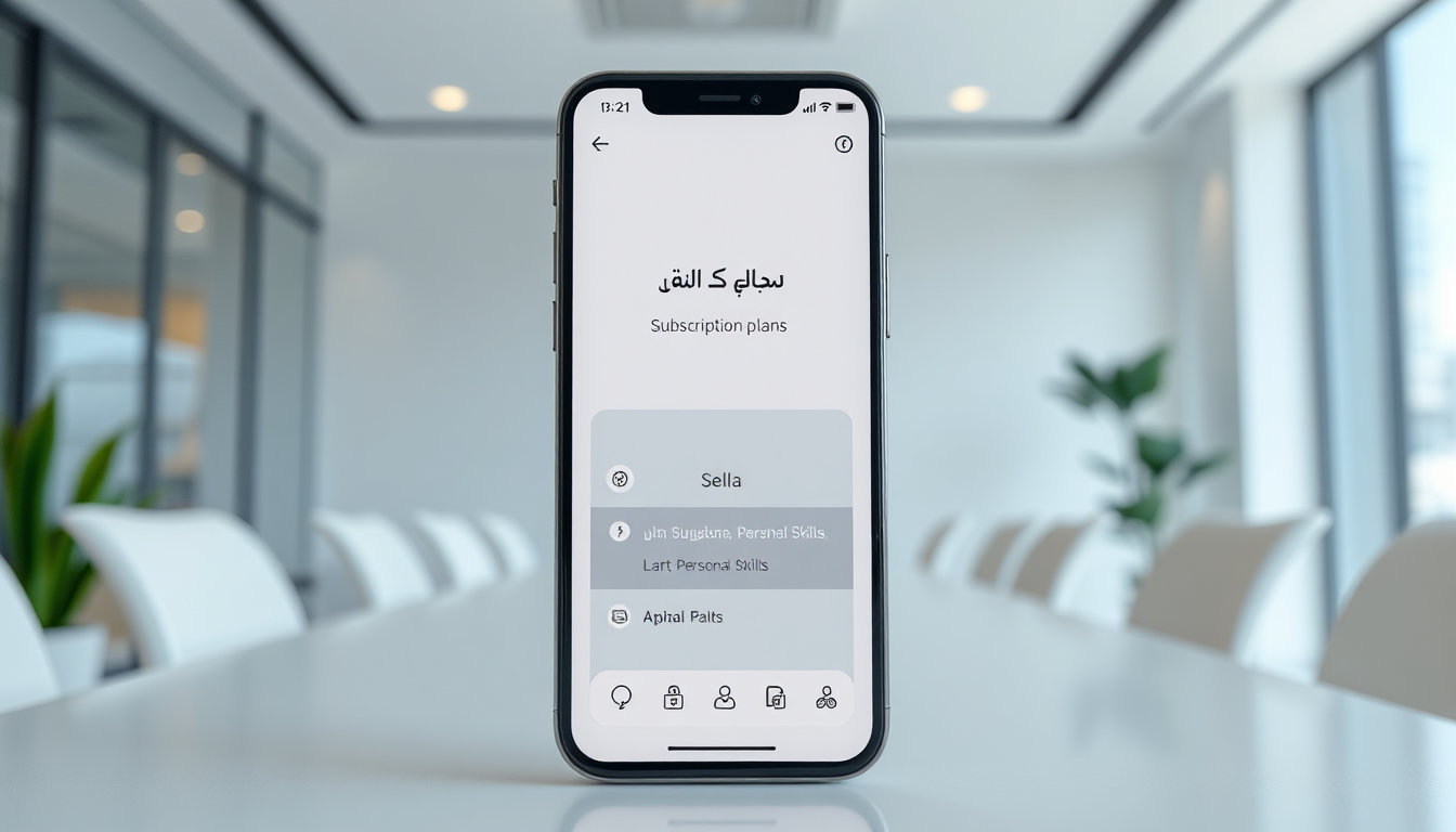 واجهة هاتف محمول تعرض خطط اشتراك منصة رقمية عربية مع التركيز على باقة سلة وأيقونات تمثل المال والإدارة والمهارات الشخصية