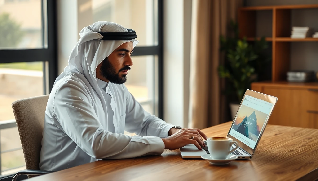 رجل سعودي يستخدم منصة فاصل بلس التعليمية عبر حاسوب محمول في مكتب منزلي لمشاهدة محتوى حزمة سلة