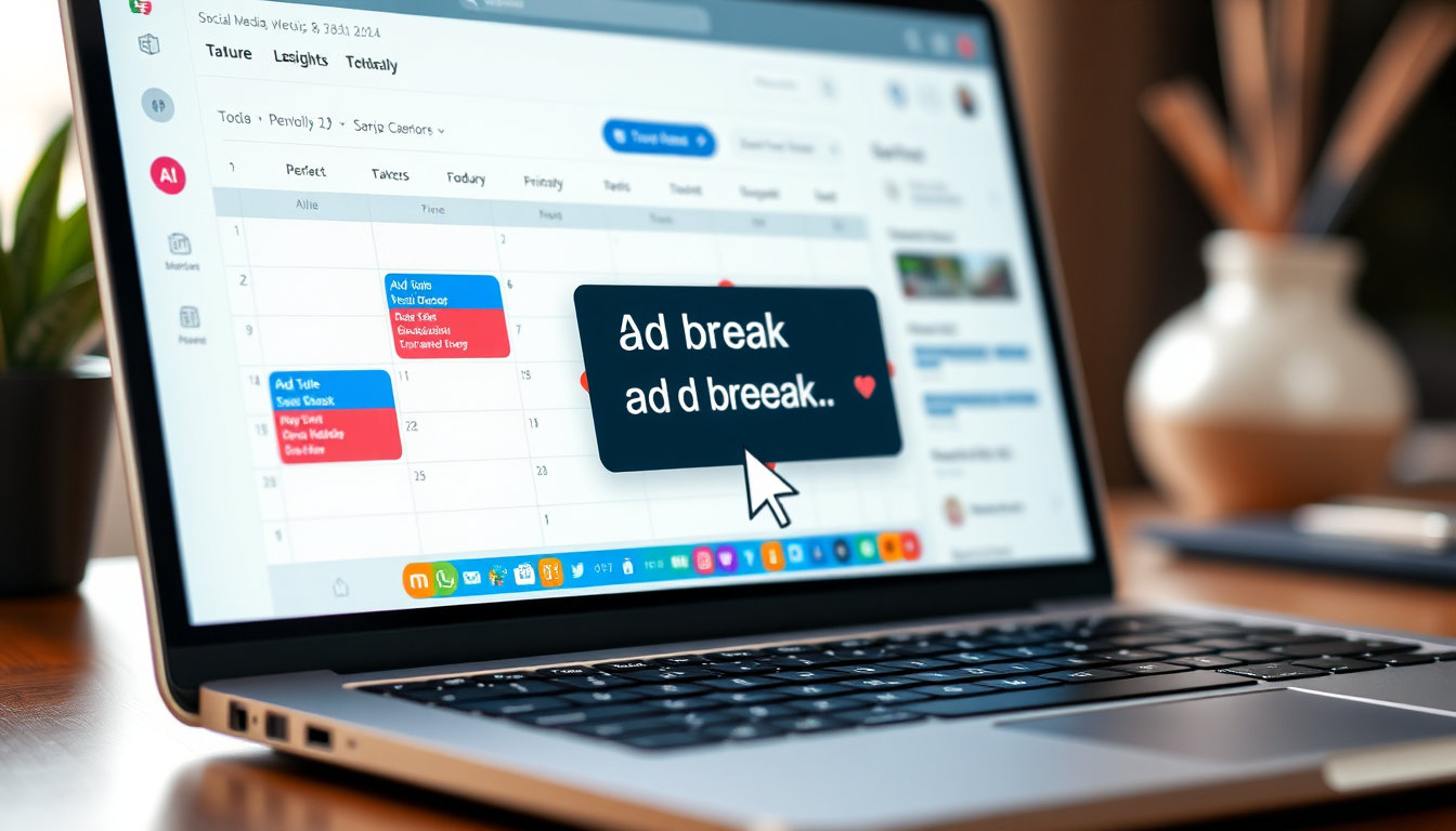 صورة مقربة لشاشة حاسوب تعرض لوحة تحكم لإدارة حسابات التواصل، مع التركيز على أداة إدراج الفواصل الإعلانية وجدولة المحتوى، في خلفية مكتب حديث