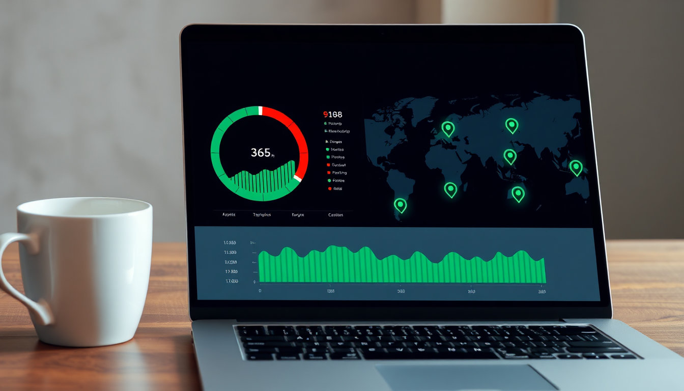شاشة حاسوب تعرض رسم بياني لاختبار سرعة الشبكة وخريطة عالمية بنقاط خوادم خضراء تعبر عن أداء خدمة فاصل اعلاني بلس