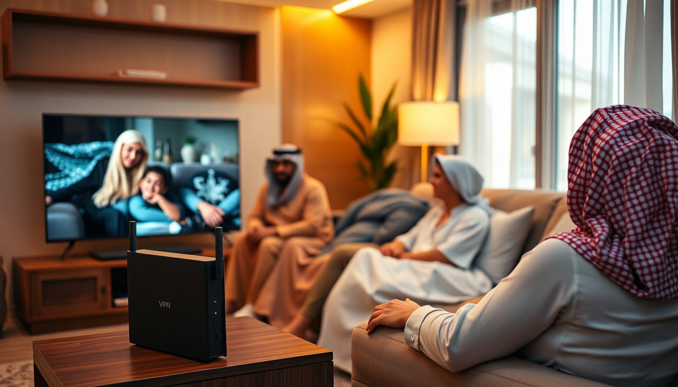 صورة لعائلة سعودية تشاهد التلفاز مع جهاز اشتراك فاصل اعلاني بلس في المنزل