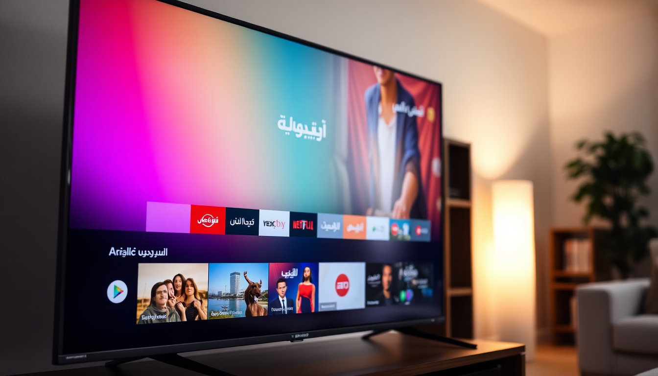 شاشة تلفزيون تعرض واجهة منصة بث عربية تتضمن مسلسلات خليجية، اشتراك فاصل بلس ثلاث شهور