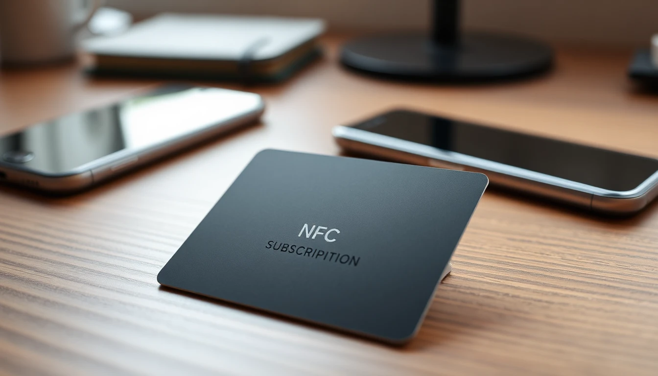 بطاقة اشتراك فاصل بلس key card سوداء اللون على سطح خشبي مع هاتف ذكي