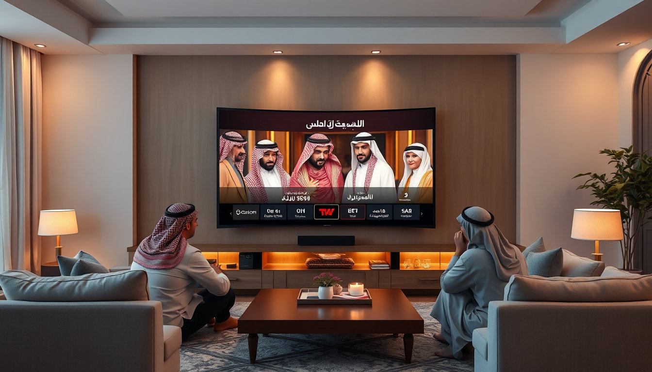 عائلة تستخدم اشتراك فاصل بلس شهر حساب خاص لمشاهدة دراما عربية في غرفة معيشة حديثة