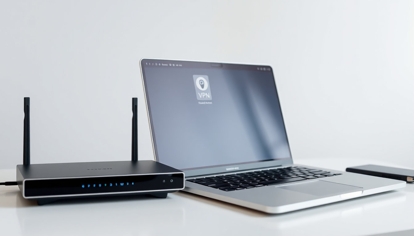جهاز راوتر حديث وشاشة لابتوب تعرض واجهة اتصال VPN خاصة، تعبيراً عن اشتراك فاصل بلس حساب خاص