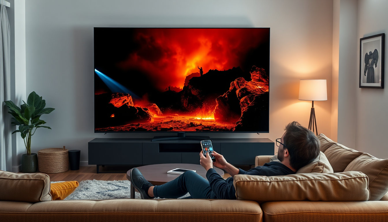 مشاهدة محتوى حصري من فاصل بلس بجودة 4K على تلفاز ذكي في غرفة معيشة حديثة، تصوير احترافي لأجواء المشاهدة المنزلية
