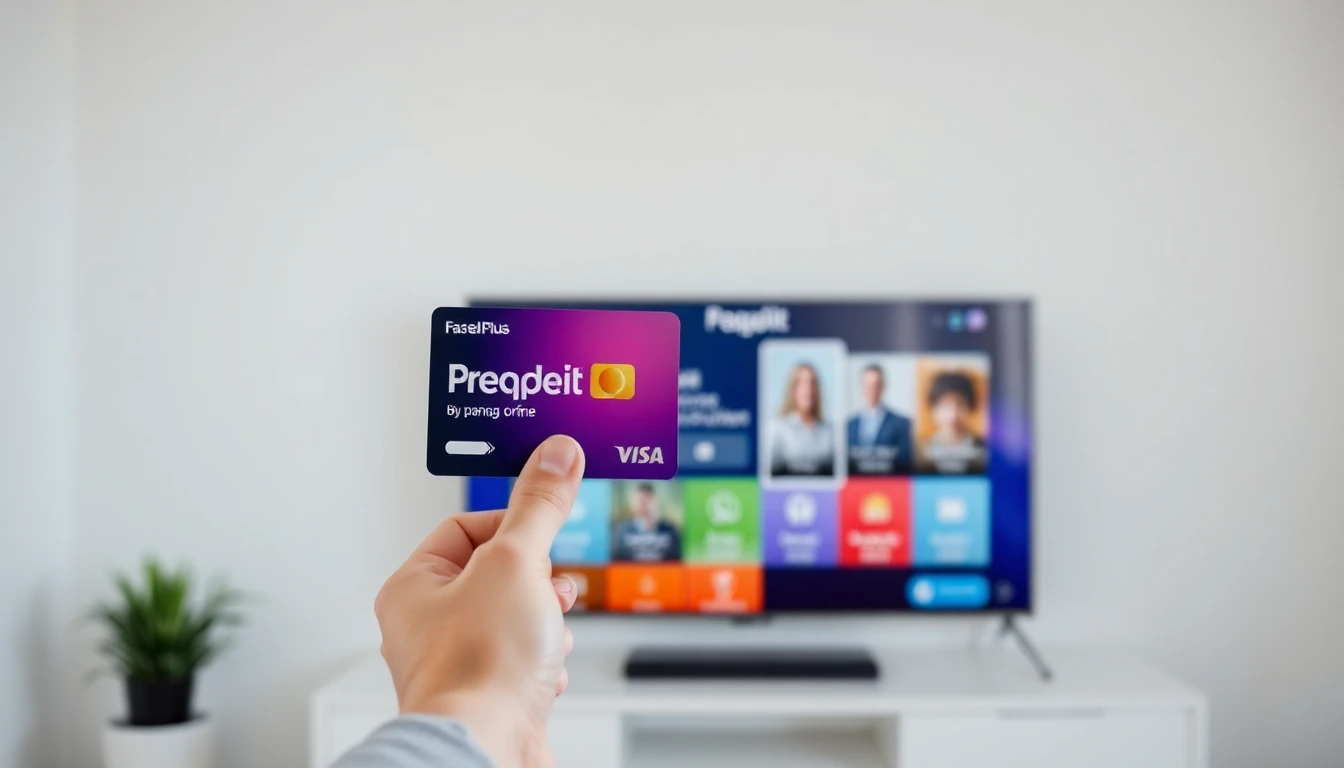 يد تحمل بطاقة اشتراك فاصل بلس رصيد كارد أمام شاشة تلفاز ذكية