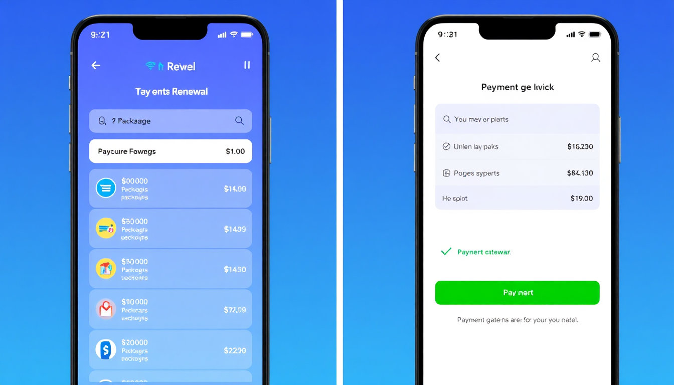 شاشات تطبيق تعرض خطوات تجديد اشتراك فاصل بلس من خلال اختيار الباقة ثم الدفع