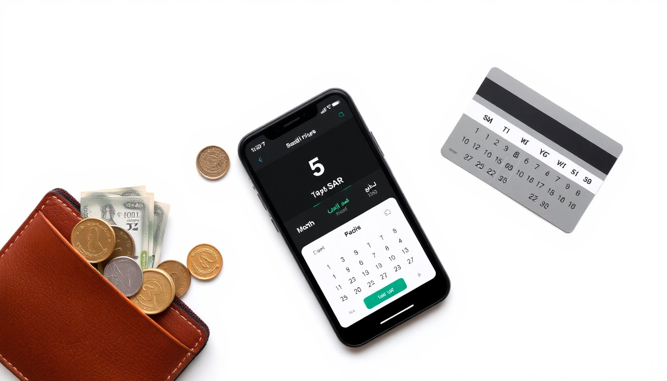 عملات معدنية من فئة الخمسة ريال سعودي بجوار هاتف يعرض خطة اشتراك شهرية، وتقويم يوضح مدة الاشتراك وبطاقة ائتمان للإشارة إلى التجديد التلقائي