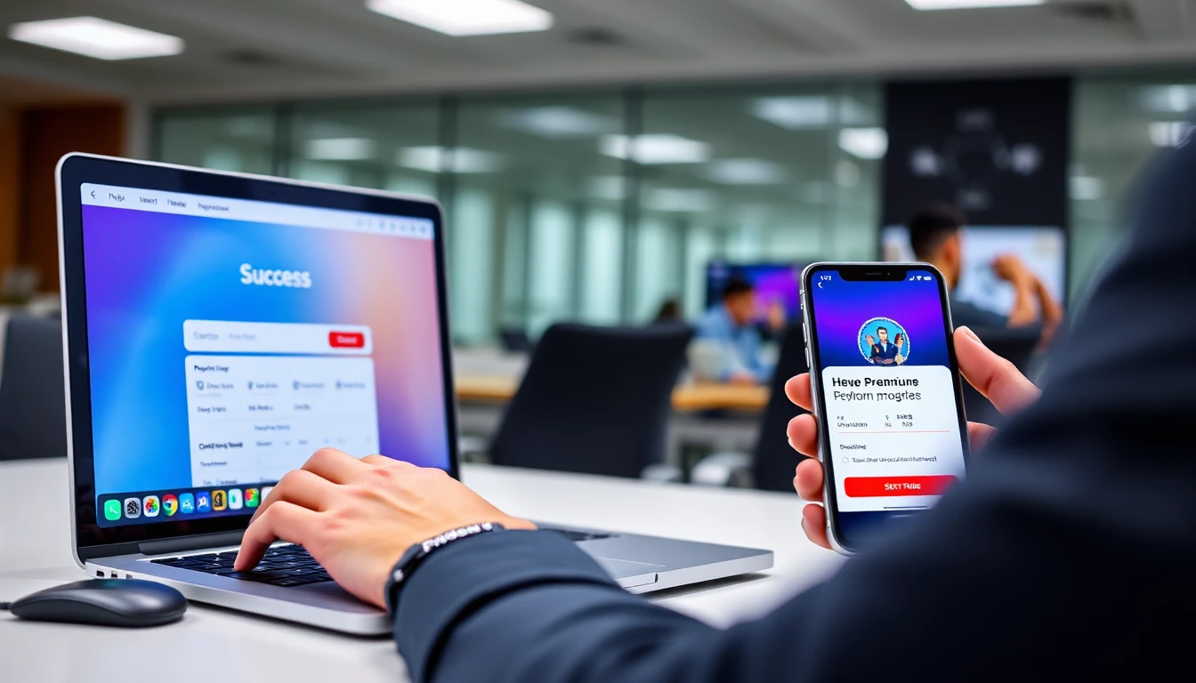 شخص يستخدم حاسوباً محمولاً وهاتفاً ذكياً لعملية شراء وتفعيل اشتراك فاصل بلس الفوري، مع ظهور شارة التميز على شاشة منصة المشاهدة