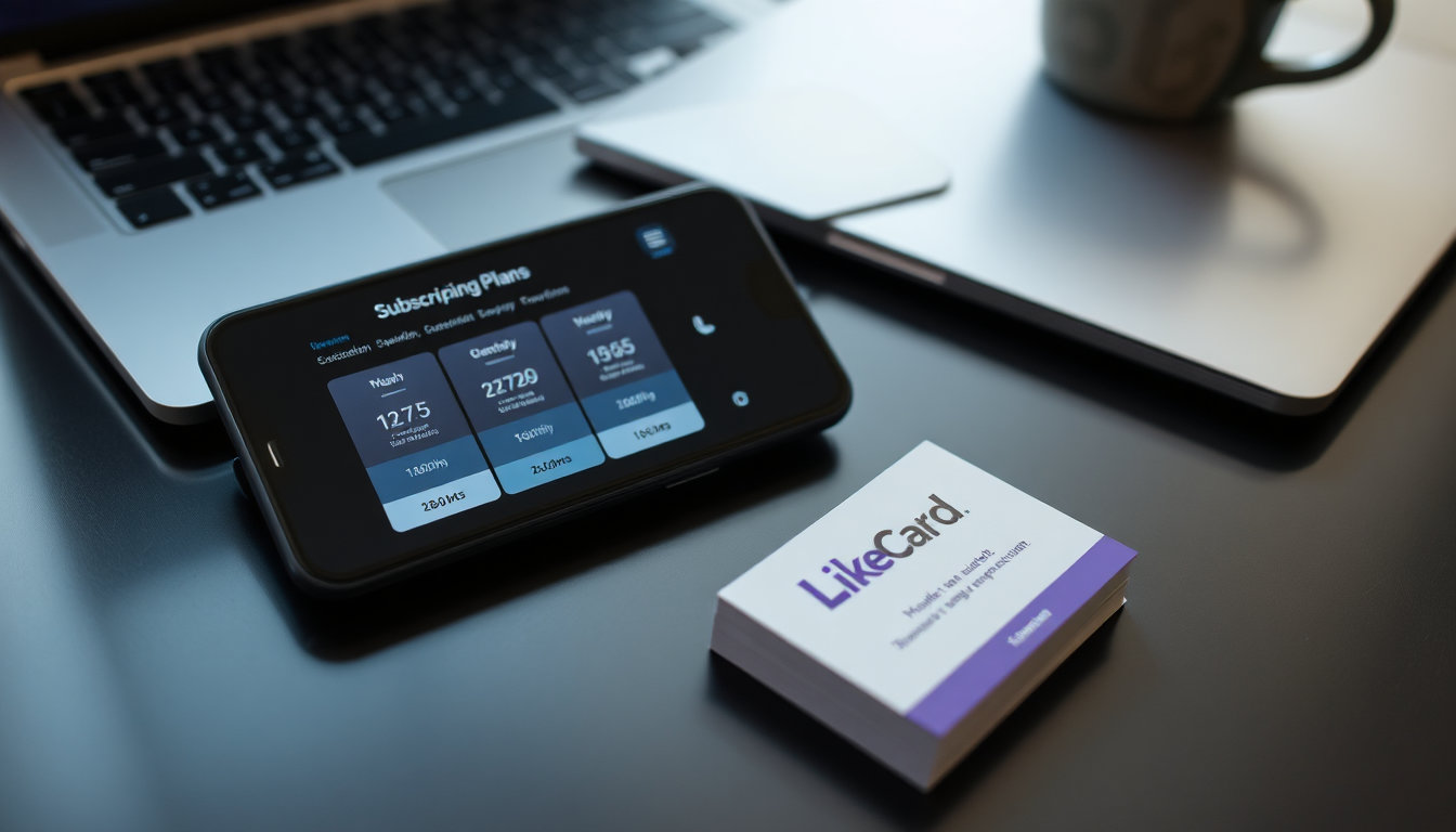 شاشة هاتف ذكي تعرض باقات اشتراك فاصل بلس الشهرية والربع سنوية والسنوية، مع بطاقة لايك كارد موضوعة على مكتب حديث