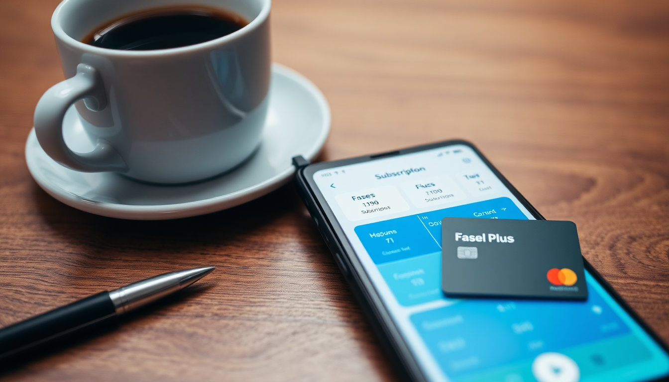هاتف ذكي يعرض صفحة اشتراك فاصل بلس بجانب بطاقة لايك كارد وكوب قهوة