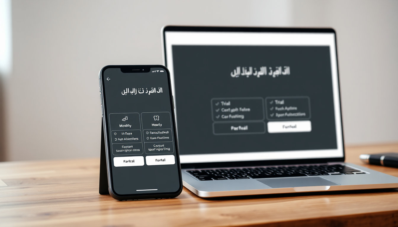عرض جانبي لهاتف ذكي وجهاز حاسوب محمول على مكتب خشبي عصري، تعرض شاشتهما واجهات خطط اشتراك شهرية وسنوية وتجريبية بأيقونات واضحة وإضاءة طبيعية ناعمة