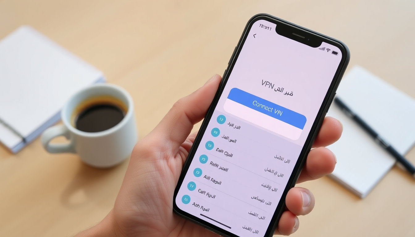 يد تحمل هاتفاً ذكياً فوق مكتب مكتبي، تعرض شاشته تطبيق VPN مع زر اتصال رئيسي وقائمة بأسماء خوادم محلية بالعربية، مع فنجان قهوة ومفكرة في الخلفية