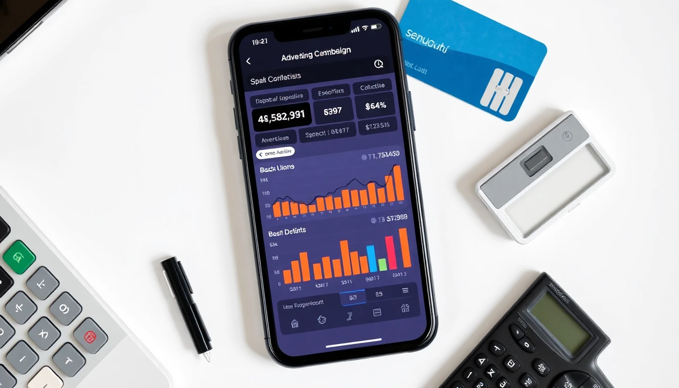 صورة مسطحة لهاتف ذكي يعرض لوحة تحكم حملة إعلانية رقمية تحتوي على رسوم بيانية للتكلفة والأداء، بجانبه بطاقة ائتمان وآلة حاسبة على مكتب مكتبي