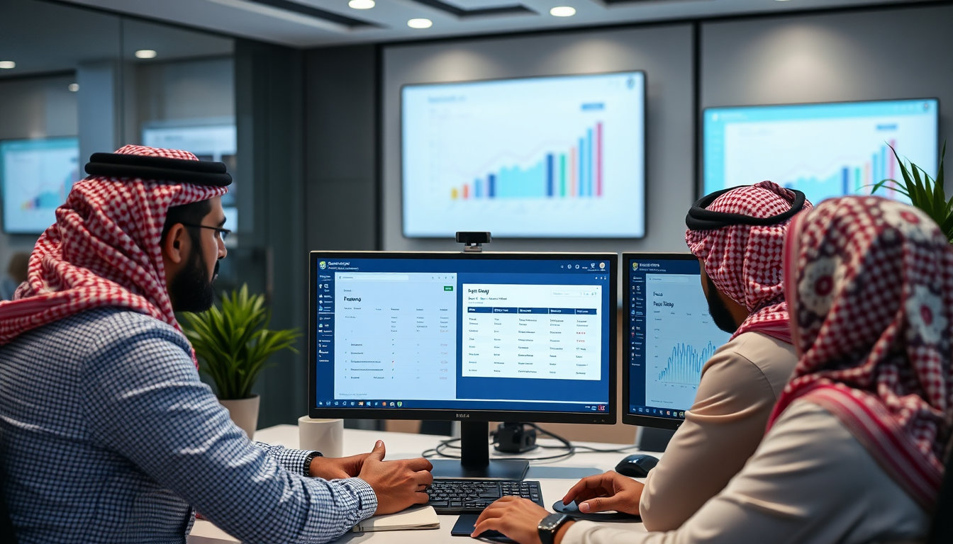 فريق تسويقي في الرياض يحلل بيانات حملات إعلانية عبر شاشات متعددة، إحداها تعرض لوحة تحكم اشتراك خطة إعلانية