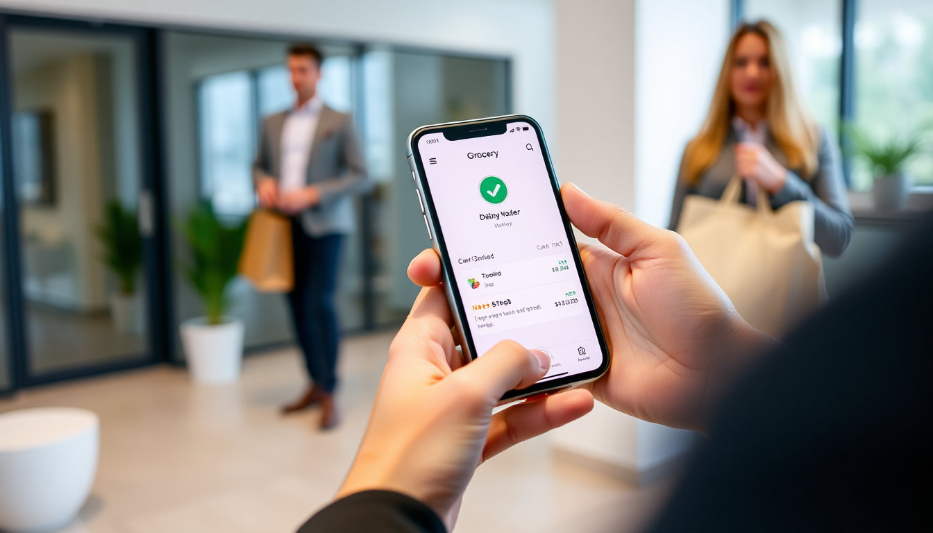 هاتف ذكي يعرض واجهة تطبيق فاصل وعلامة تأكيد خضراء على طلب توصيل، وشخص آخر يحمل حقيبة تسوق في الخلفية، ديكور داخلي حديث