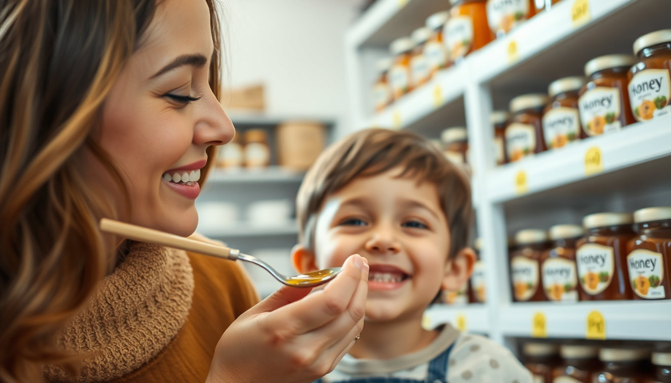 أم تحمل ملعقة صغيرة من العسل الحيوي قرب طفلها مع خلفية تعرض رفوفاً تحوي علامات تجارية متنوعة في متجر متخصص