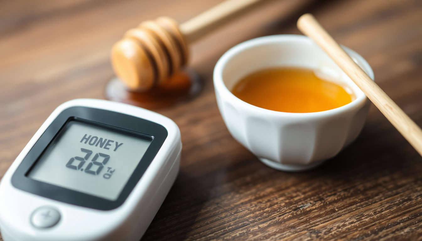 جهاز قياس السكر بجانب وعاء من العسل الذهبي وملعقة خشبية على طاولة خشبية، مشهد يعكس مراقبة الغلوكوز لمرضى السكري