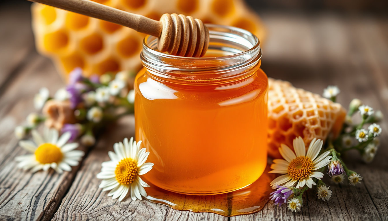برطمان من العسل الحيوي الطبيعي بجانب قطعة شمع عسل على طاولة خشبية