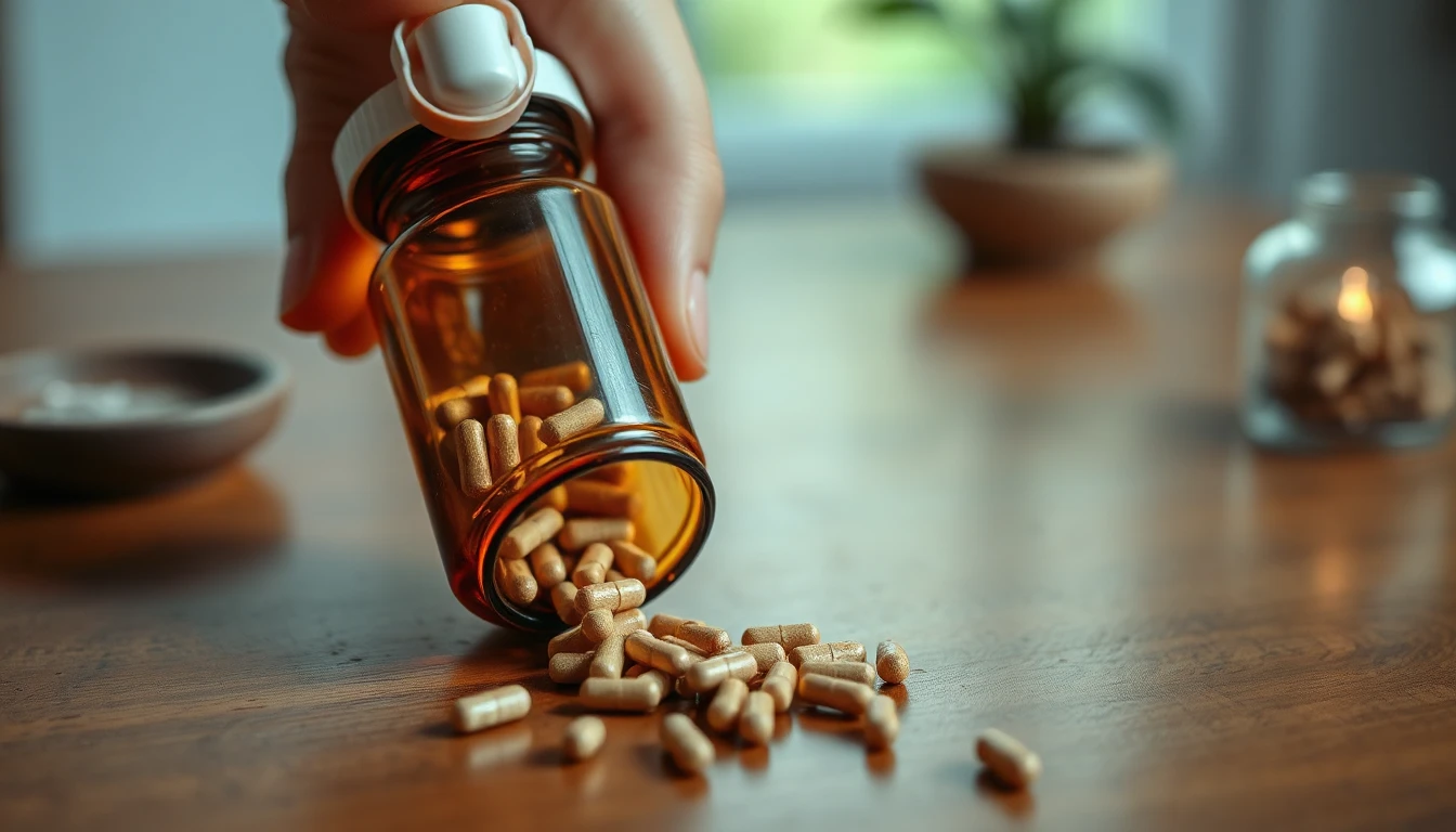 زجاجة حبوب صينية تقليدية وكبسولات عشبية على طاولة خشبية