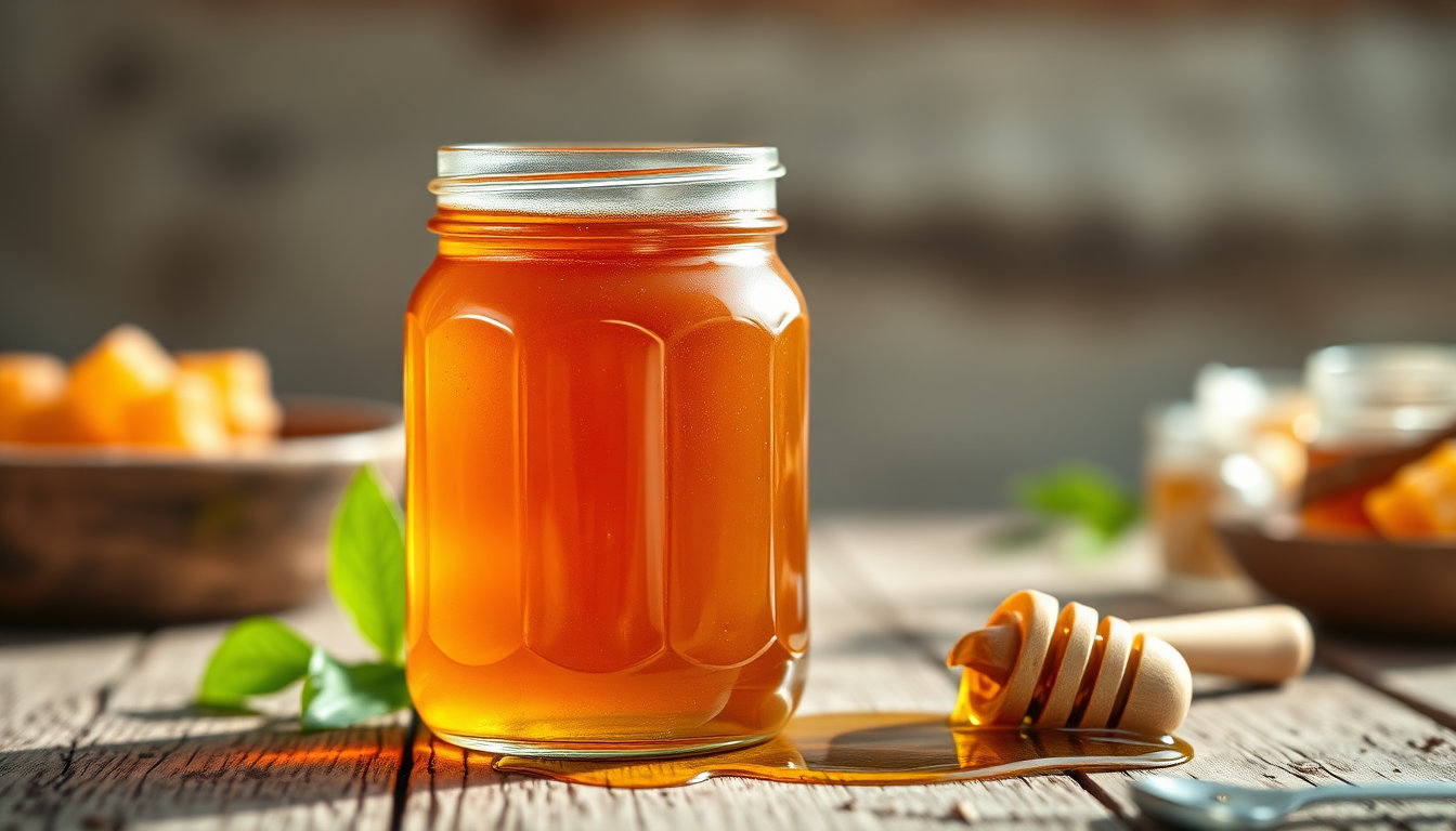 برطمان العسل الحيوي الماليزي مع ملعقة خشبية على طاولة خشبية