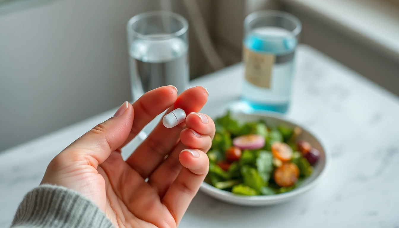 يد شخص تمسك بقرص سبروفيتا وكوب ماء على طاولة طعام بجانب وجبة صحية