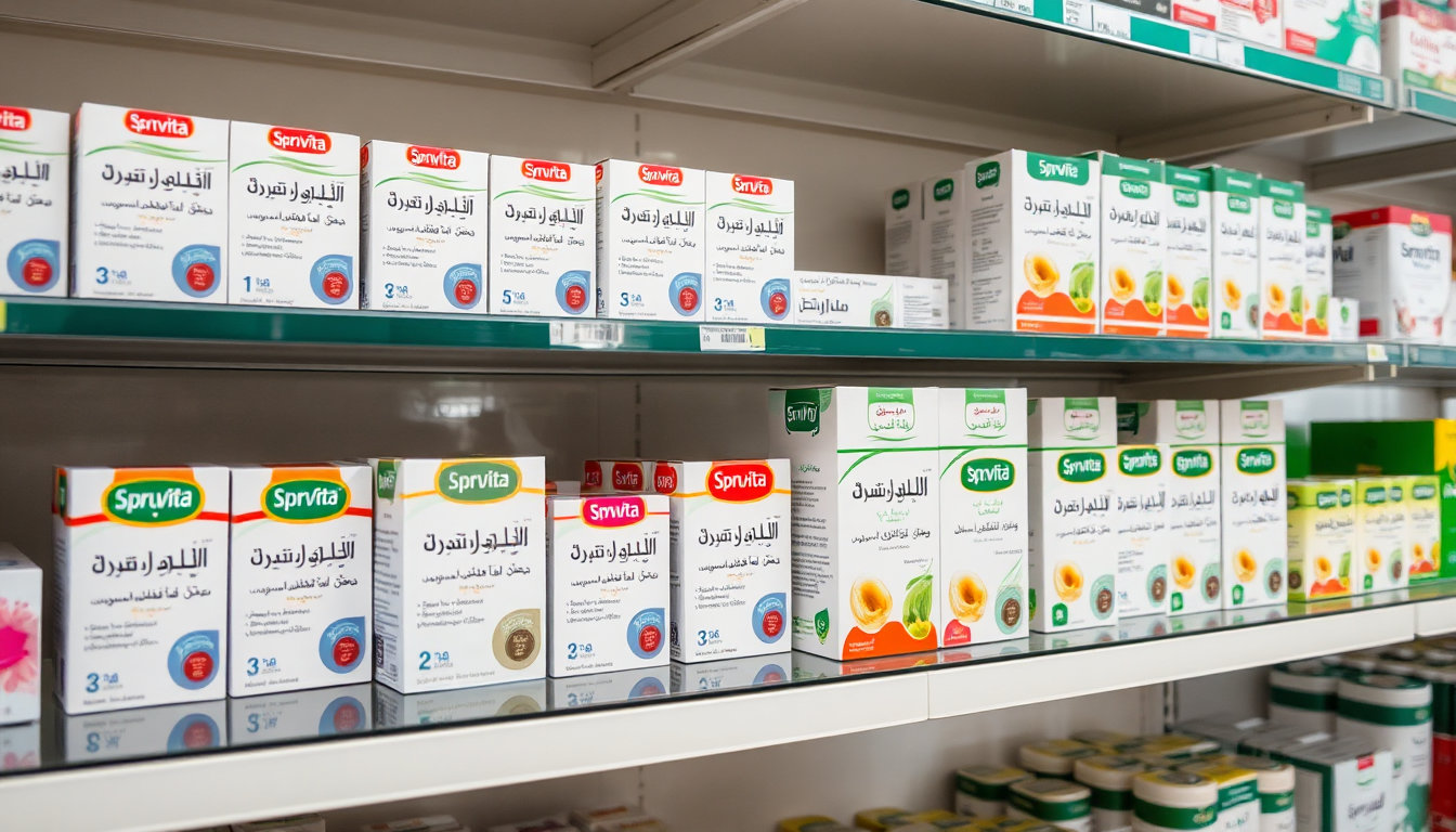علب حبوب سبروفيتا بأحجام مختلفة معروضة على رف صيدلية في الشرق الأوسط