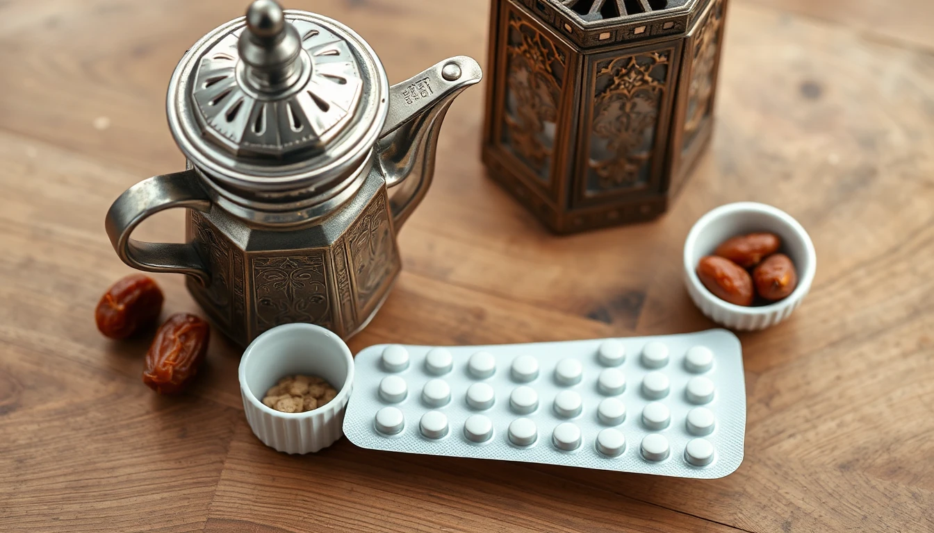 تصميم مسطح لشريط حبوب سبروفيتا مع فنجان قهوة عربية وبلح على طاولة خشبية، إضاءة طبيعية ناعمة، تصوير احترافي