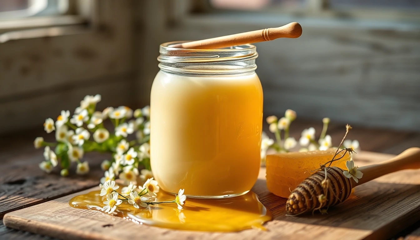 برطمان زجاجي من العسل الأبيض الكريمي مع ملعقة خشبية وزهور بيضاء صغيرة على طاولة خشبية في إضاءة طبيعية