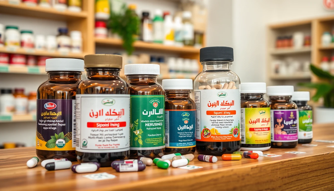عبوات حبوب اندونيسية مع مثبت معروضة على رف صيدلية مع ملصقات أسعار