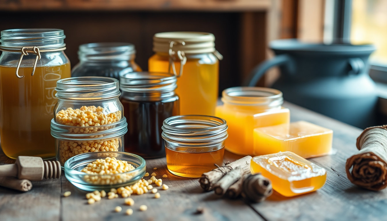 مكونات العسل الحيوي من حبوب اللقاح وغذاء الملكات والجينسينغ بجانب برطمانات عسل طبيعي