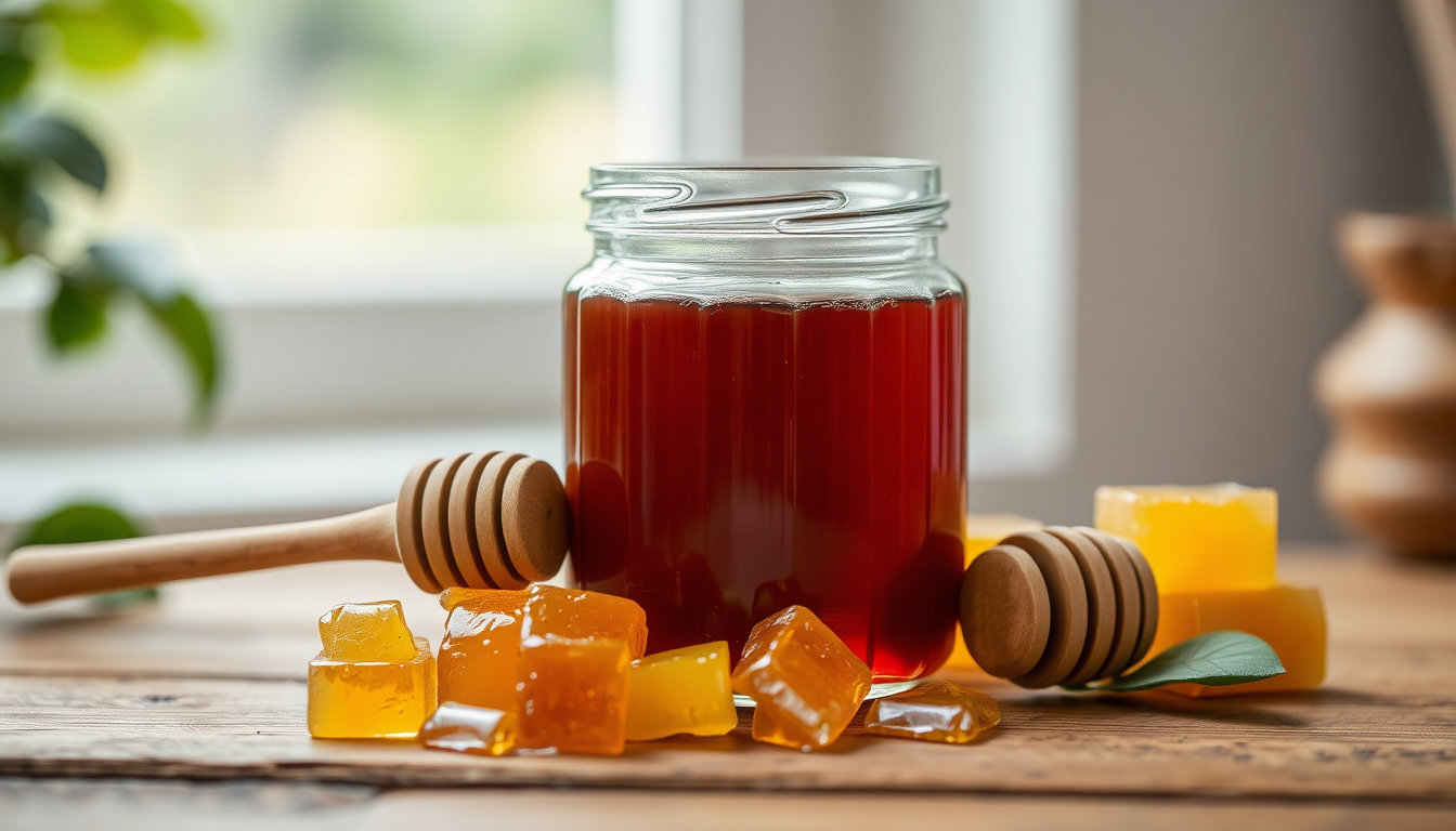 برطمان من العسل الحيوي الماليزي مع ملعقة خشبية وقطع من شمع العسل على طاولة خشبية