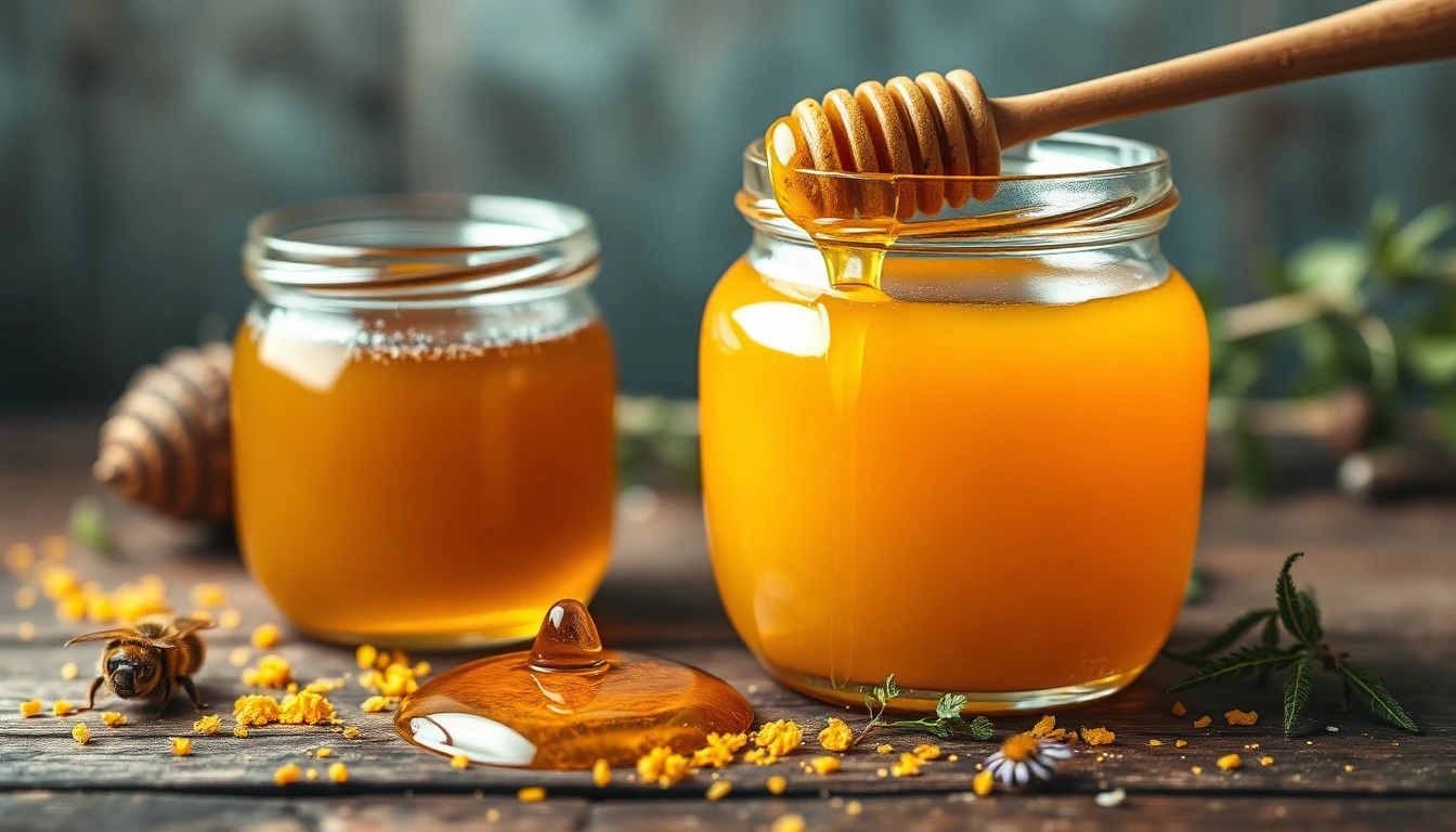 برطمان العسل الحيوي الماليزي مع ملعقة خشبية وقطرات عسل ذهبية