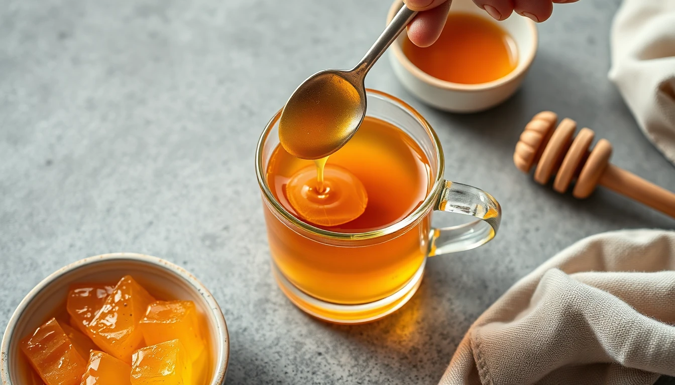 تصوير من الأعلى لملعقة من العسل الحيوي تُحرّك في كوب شاي أعشاب، بجانب وعاء صغير من أقراص العسل الطازجة ومغرفة خشبية، إضاءة دافئة ومريحة، تصوير احترافي لنمط الحياة