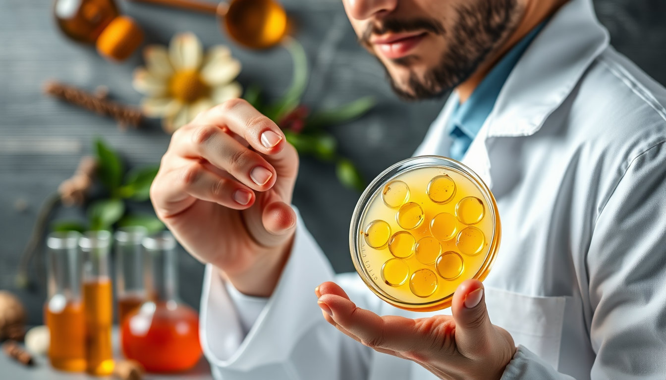 باحث مختص يفحص عينات من العسل الحيوي في المختبر مع خلفية من الأعشاب والنباتات الطبية