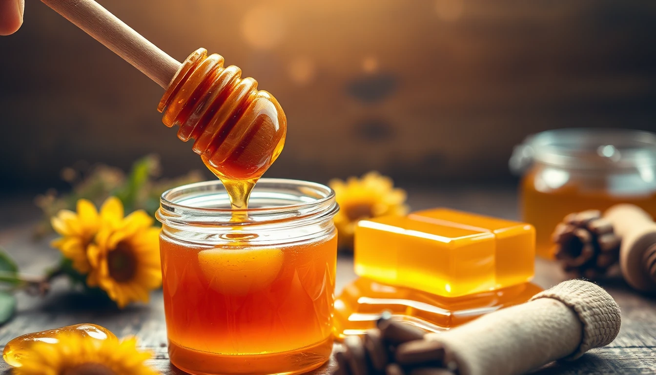 قطرة عسل حيوي تتساقط من ملقاط خشبي مع حبوب اللقاح والغذاء الملكي في وعاء زجاجي