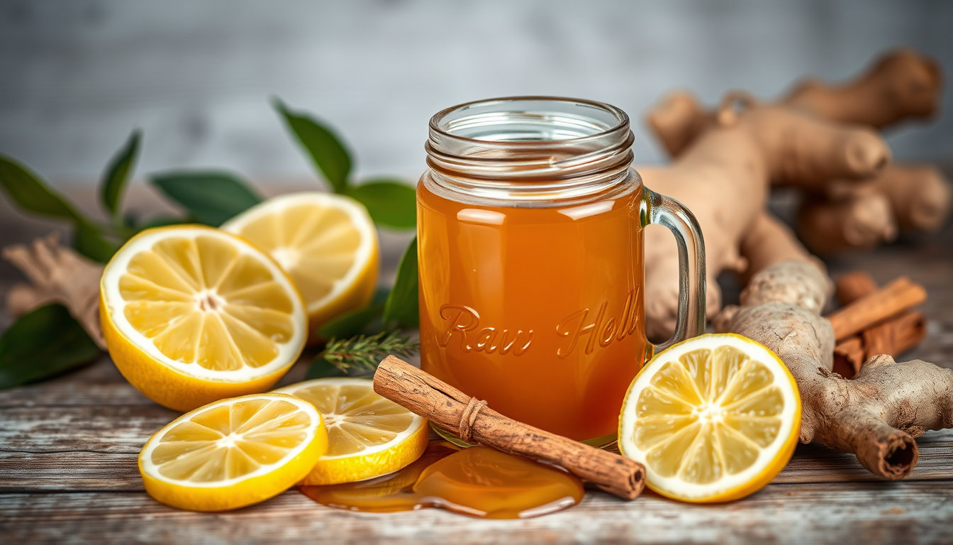 وعاء زجاجي من العسل الحيوي محاط بشرائح ليمون طازجة وجذور زنجبيل وأعواد قرفة على طاولة خشبية، مع إضاءة ناعمة وألوان دافئة