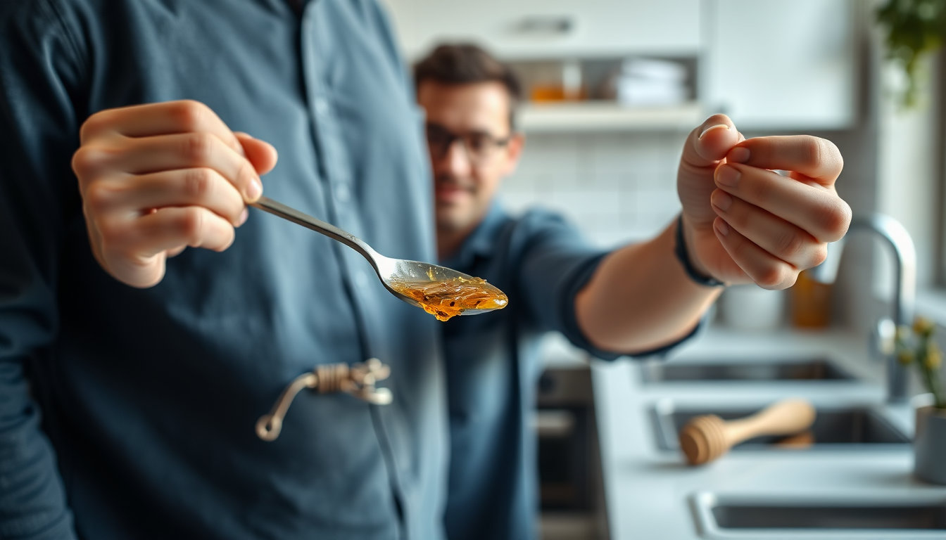 رجل يتناول ملعقة من العسل الحيوي في المطبخ مع برطمان العسل والمكونات العشبية