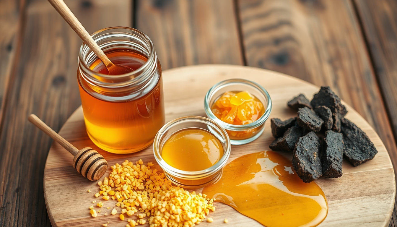 مكونات العسل الحيوي من غذاء الملكات وحبوب اللقاح وصمغ النحل بجانب برطمان عسل ذهبي