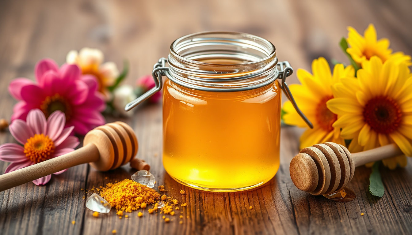 برطمان العسل الحيوي الذهبي مع أدوات طبيعية على طاولة خشبية