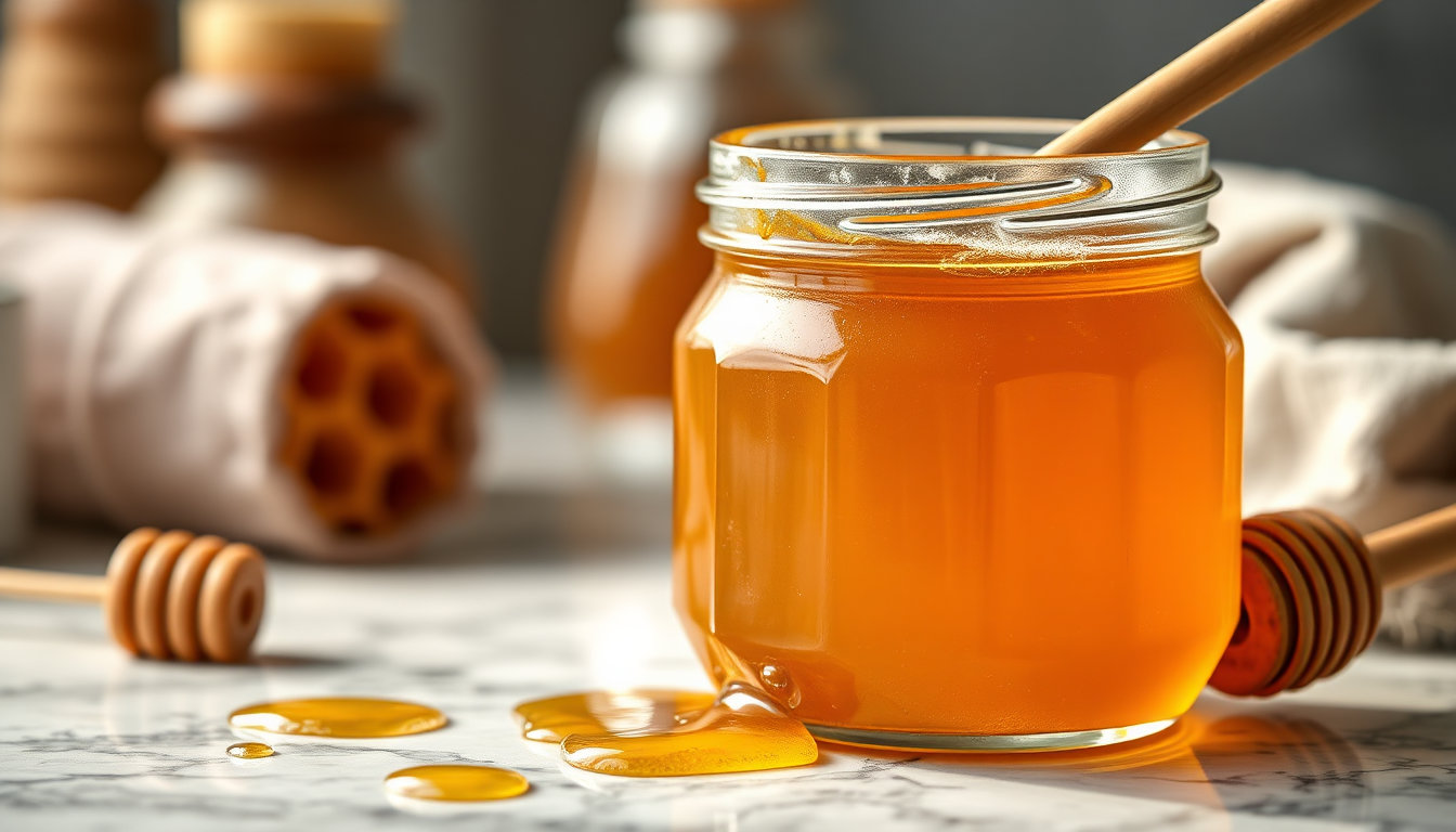 برطمان العسل الحيوي الذهبي مع ملعقة خشبية على طاولة رخامية