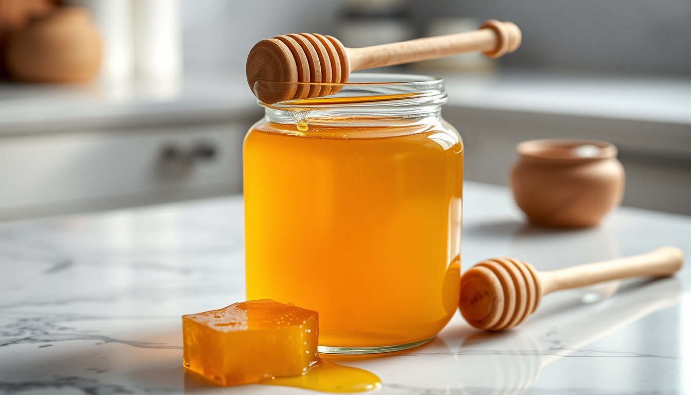 برطمان عسل حيوي ذهبي مع غذاء ملكات النحل على طاولة رخامية في ضوء طبيعي